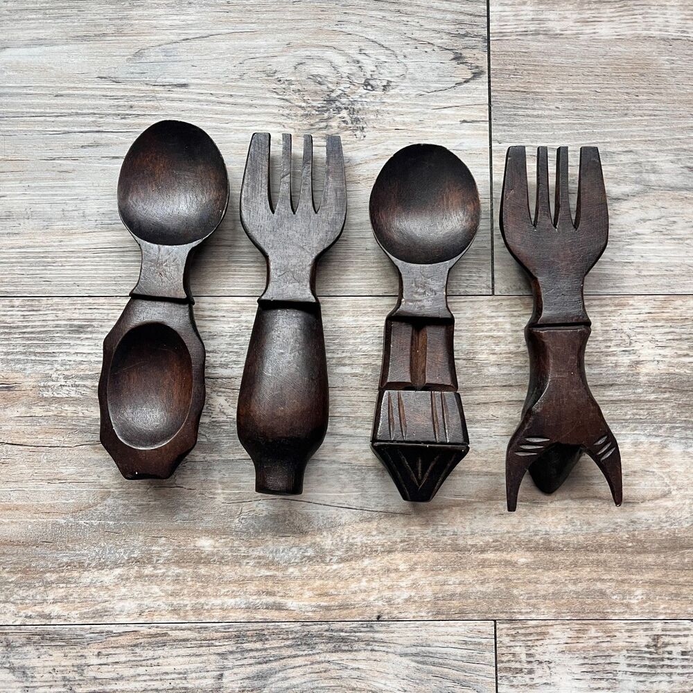 Vintage Western Carved Wooden Salad Servers Spoon Fork Rustic Cowboy Utensils